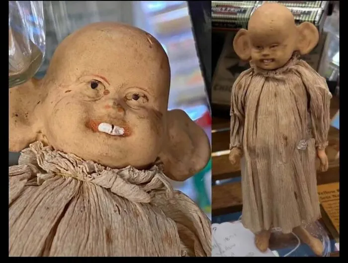 A split view showing an uncanny corn husk doll with large ears in two creepy photos.