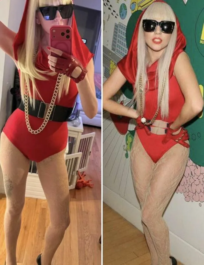A comparison of a Lady Gaga red hooded outfit inspired by creative Halloween costume ideas.