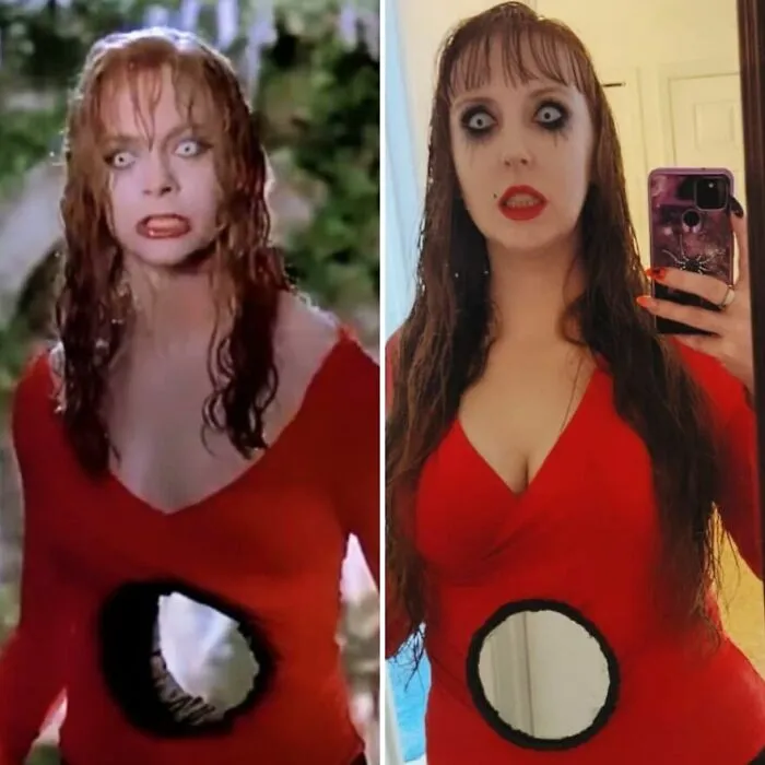 Side-by-side comparison of a Death Becomes Her Halloween costume idea with a hole in the stomach
