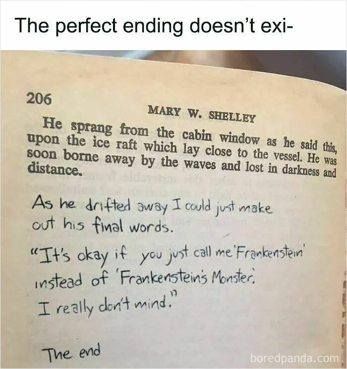 Wholesome memes image showing handwritten text added to a book page claiming to be the perfect ending