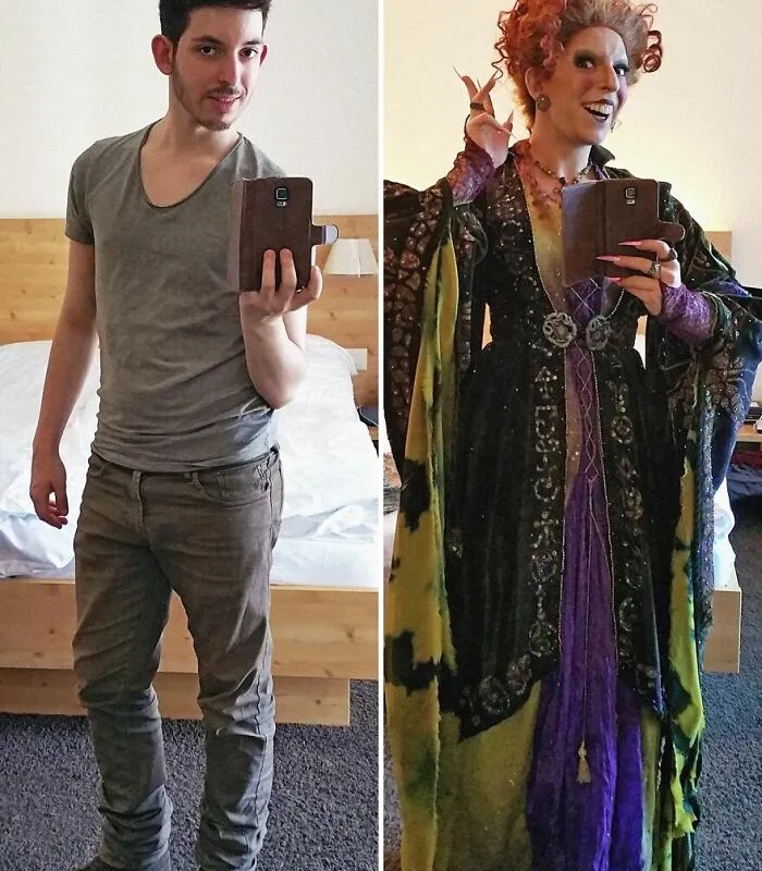 Before and after photos of a man transforming into a Winifred Sanderson Halloween costume