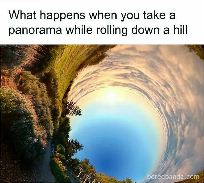 Wholesome meme photo showing a disorienting, circular result of taking a panorama photo while rolling down a hill.