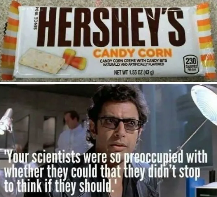 Wholesome memes featuring Jeff Goldblum placed below a candy corn Hershey bar