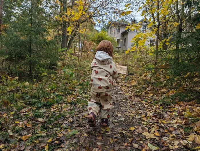 A toddler walking through autumn woods in wholesome pics of dads capturing sweet moments with kids