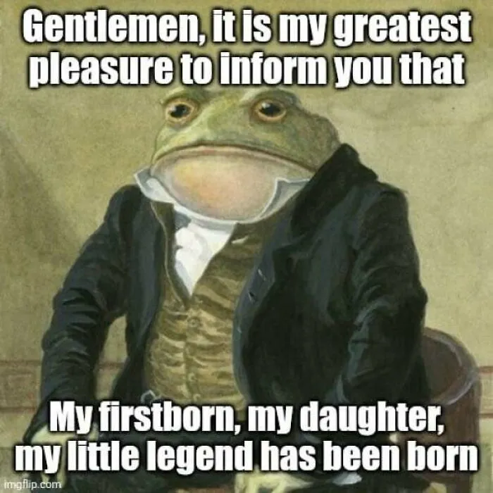 A frog meme celebrating a daughter born as seen in wholesome pics of dads sharing fatherhood joy