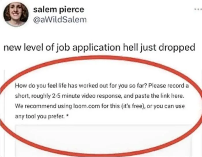 Screenshot of an absurd job application question highlighting recruiting fails funny pics.