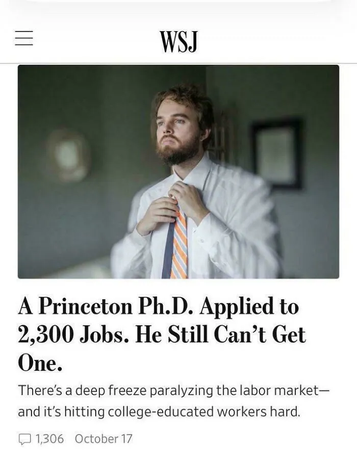News article screenshot about a Princeton Ph.D. struggling to find a job, exemplifying recruiting fails.