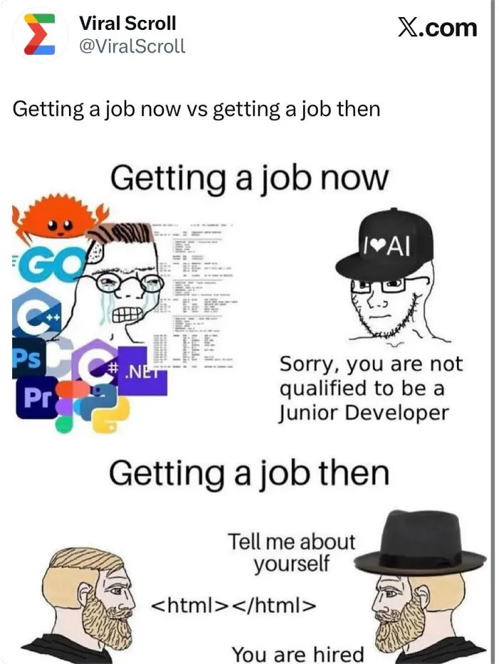 Funny meme about job market recruiting fails comparing hiring standards today versus in the past.