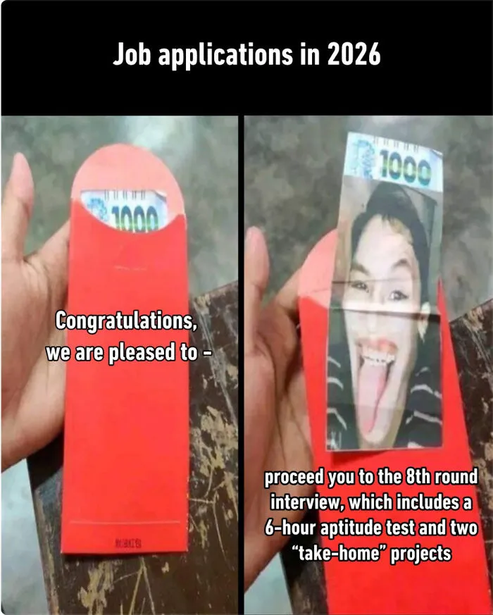 Meme comparing a job offer to a fake red envelope, depicting recruiting fails funny pics.