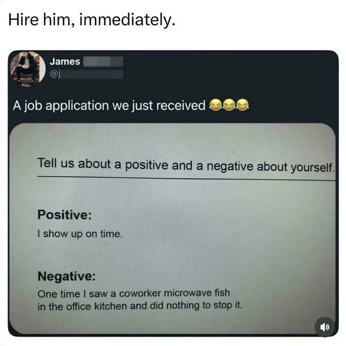 Funny job application response showing a humorous recruiting fails instance about office kitchen behavior