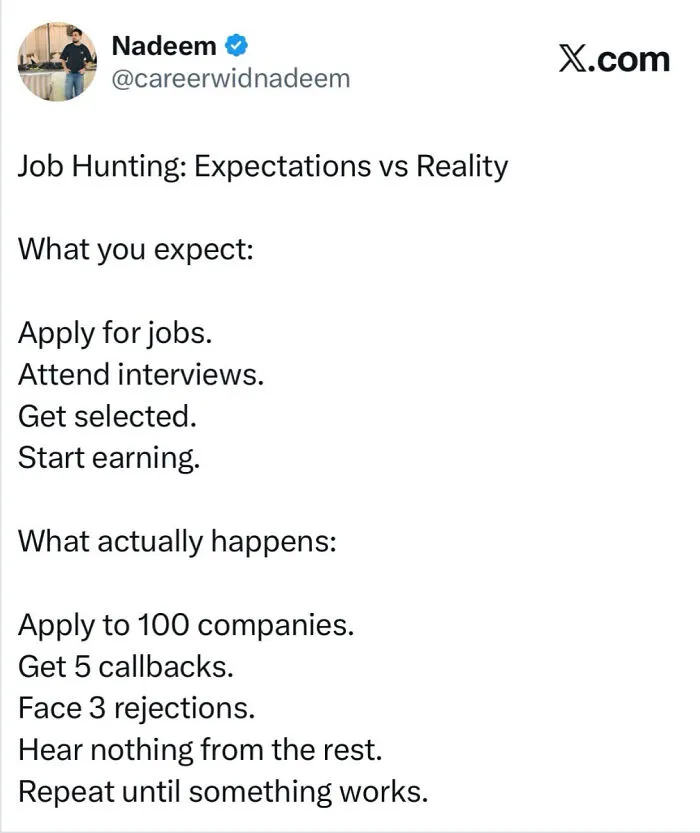 Post describing the reality of job hunting and interviews, exemplifying recruiting fails