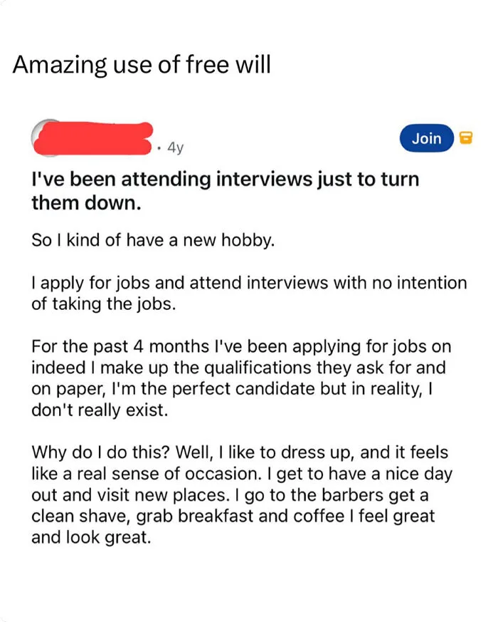 Screenshot of a post where someone attends interviews just to decline them, illustrating recruiting fails funny pics.