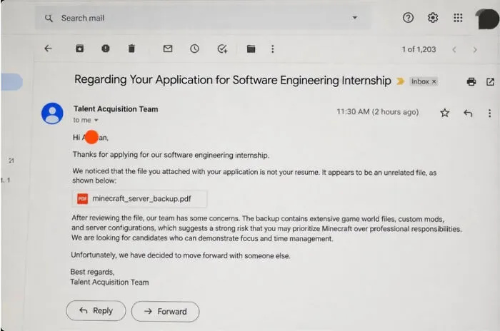 An email rejection for attached Minecraft file instead of resume, showcasing hilarious recruiting fails.