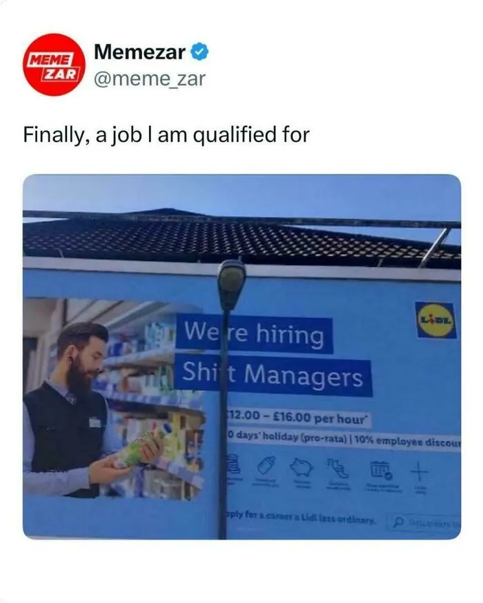 A funny recruiting fails image of a sign reading We are hiring Shift Managers with letter f blocked by a lamp.