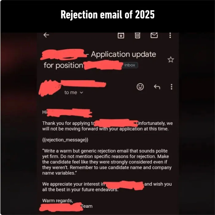 Funny recruitment fail showing an automated AI prompt left inside a rejection email template.