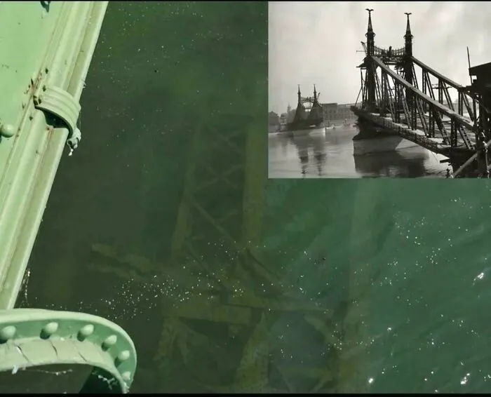 Submerged objects featuring the remains of an old destroyed bridge visible underwater next to historical photo inset.