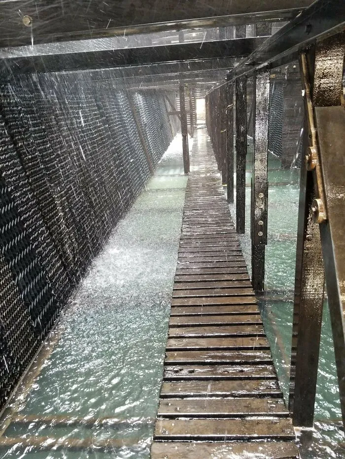 Narrow wooden walkway with water spraying inside an industrial structure showing submechanophobia.