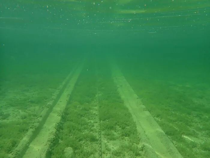 Underwater tracks fading into murky green water, evoking a fear of what is underwater.