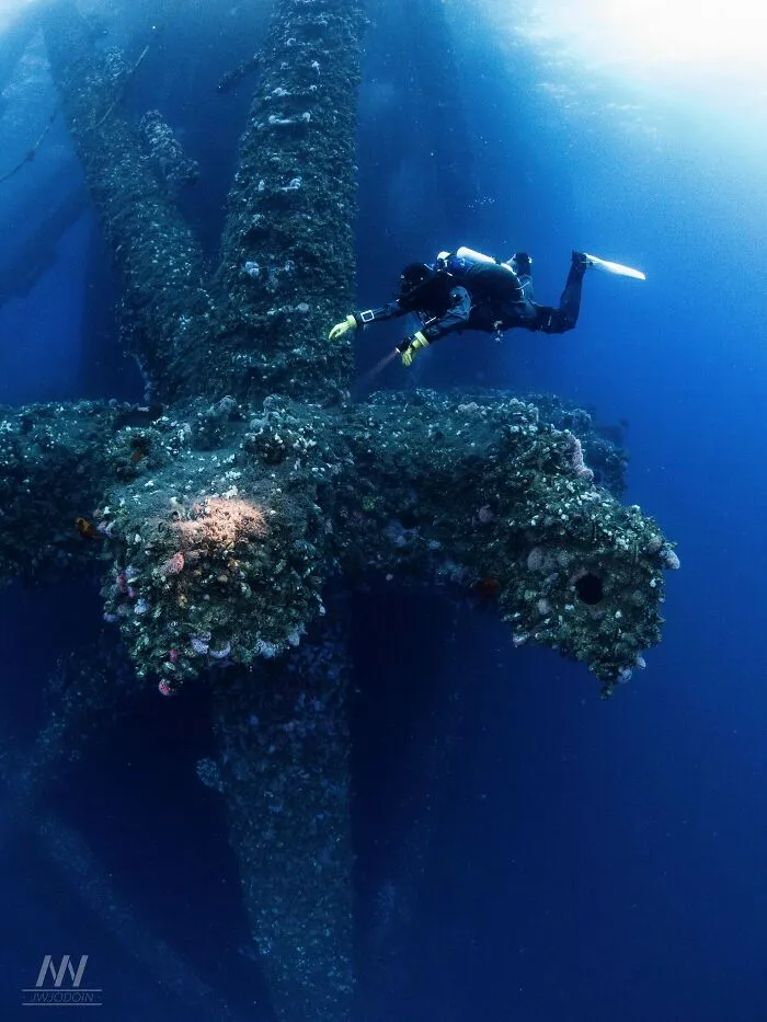 A scuba diver exploring a massive underwater oil rig structure covered in marine life.