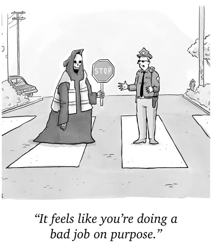 Humorous comic illustration showing the Grim Reaper acting as a crossing guard conversing with a police officer.