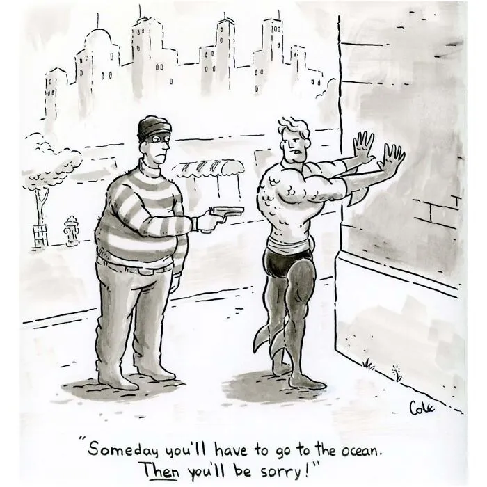 Single-panel cartoonist comic depicting a burglar holding up Aquaman on a city street.