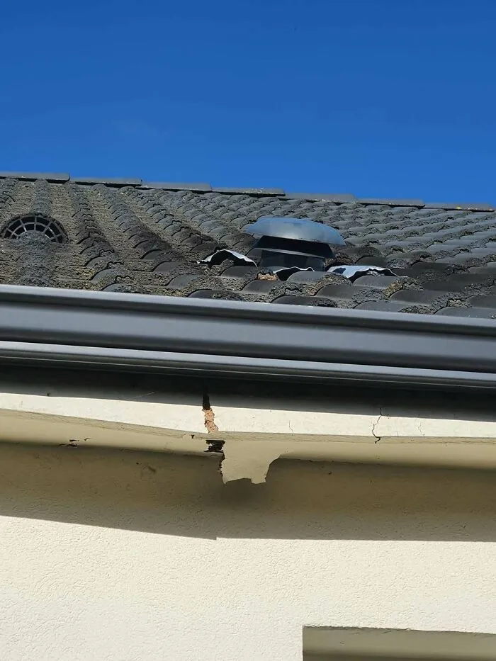 Damaged roof soffit and improperly installed vent cap illustrating a construction fail.