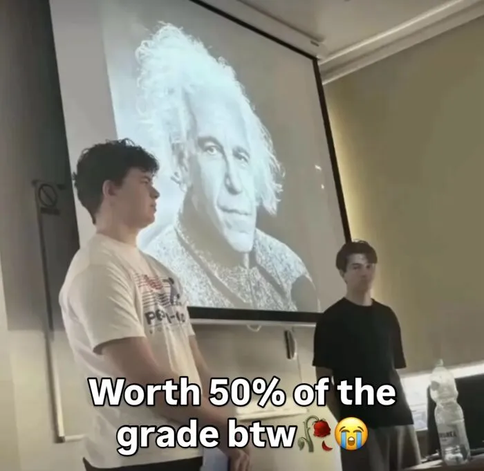 Student giving a classroom presentation next to hilarious memes projected on the screen.
