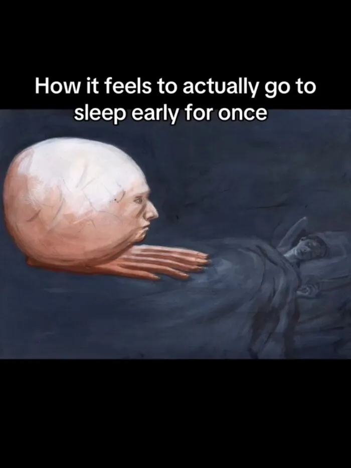 Hilarious memes depicting a surreal head figure lying in bed sleeping early