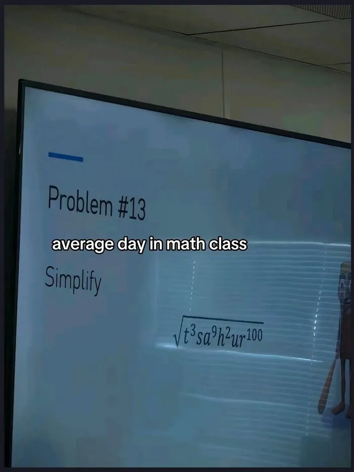 Presentation slide showing a complicated math problem, illustrating hilarious memes about real life experiences.