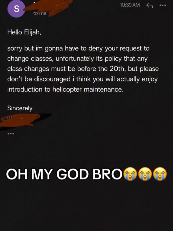 Email denying a class change request for helicopter maintenance, capturing hilarious memes based on real events.