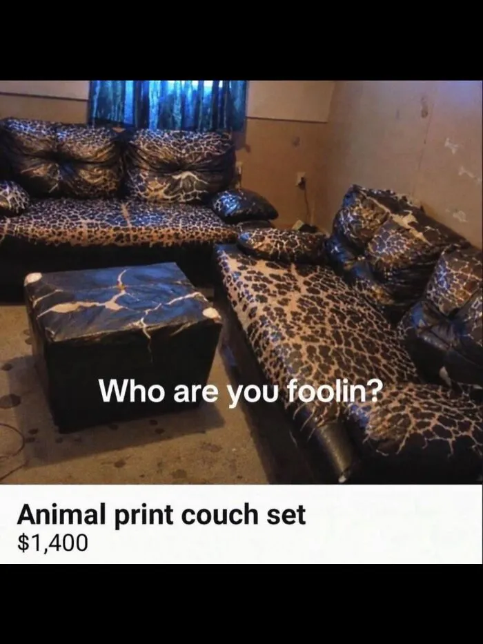 Funny real life meme showing cracked black leather sofas listed online as an animal print couch set.