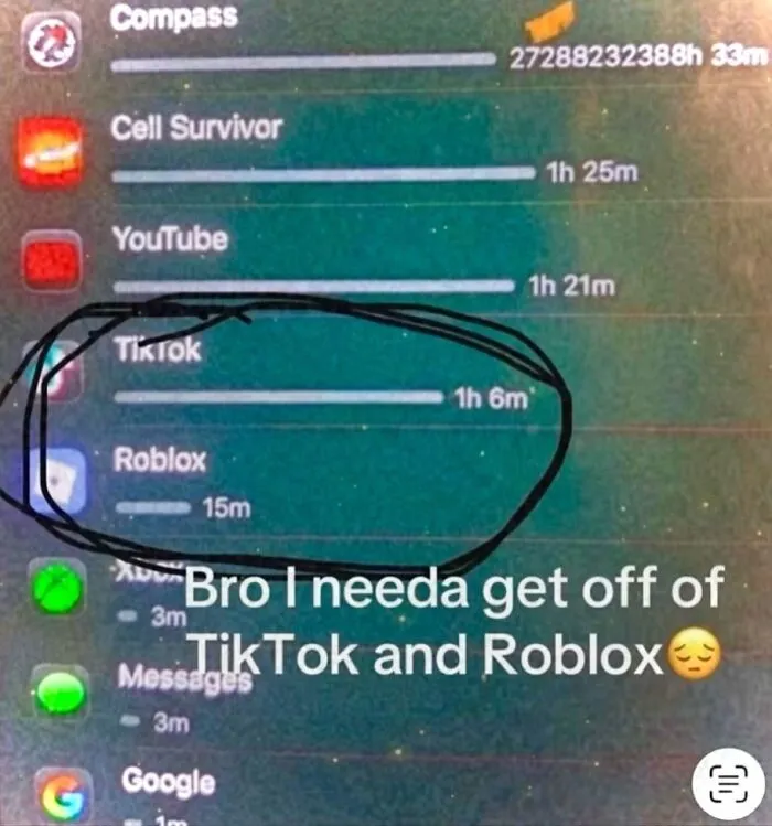 Screen time stats with billions of hours on the compass app, featured in hilarious memes about addiction.