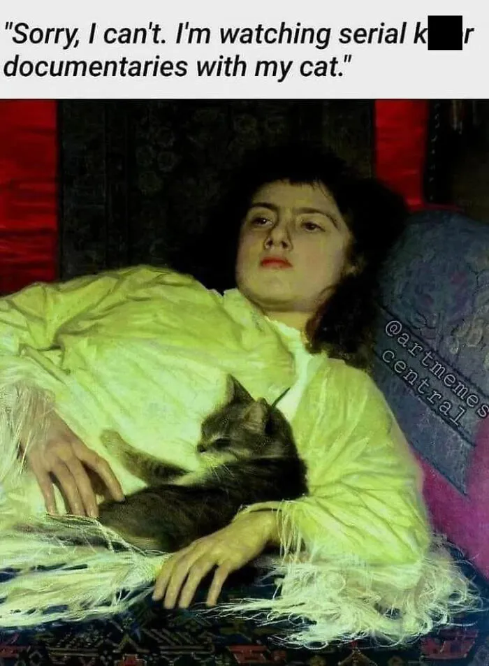 Classic art painting turned into funny memes featuring a person resting with a cat