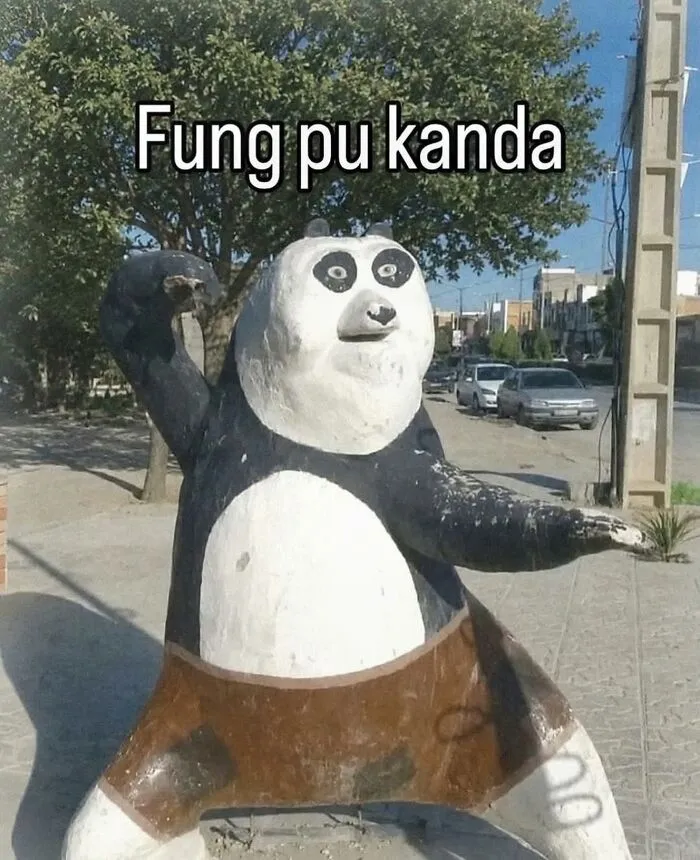 Hilarious memes featuring a poorly made kung fu panda statue in a street pose