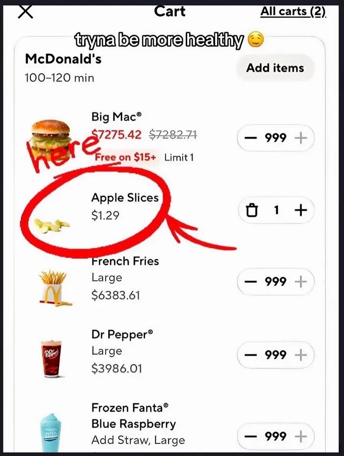Hilarious memes depicting a fast food cart with apple slices and expensive items