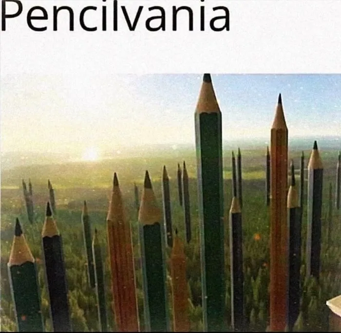 Hilarious memes featuring pencils sticking out of the ground labeled Pencilvania