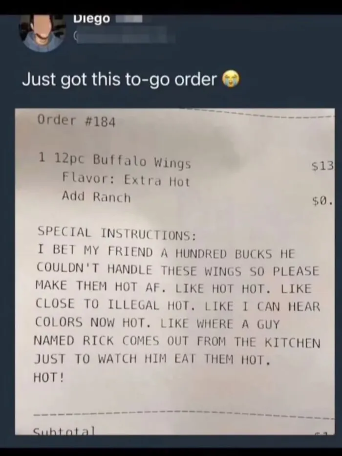 Food receipt with funny extra hot instructions in hilarious memes from real life.