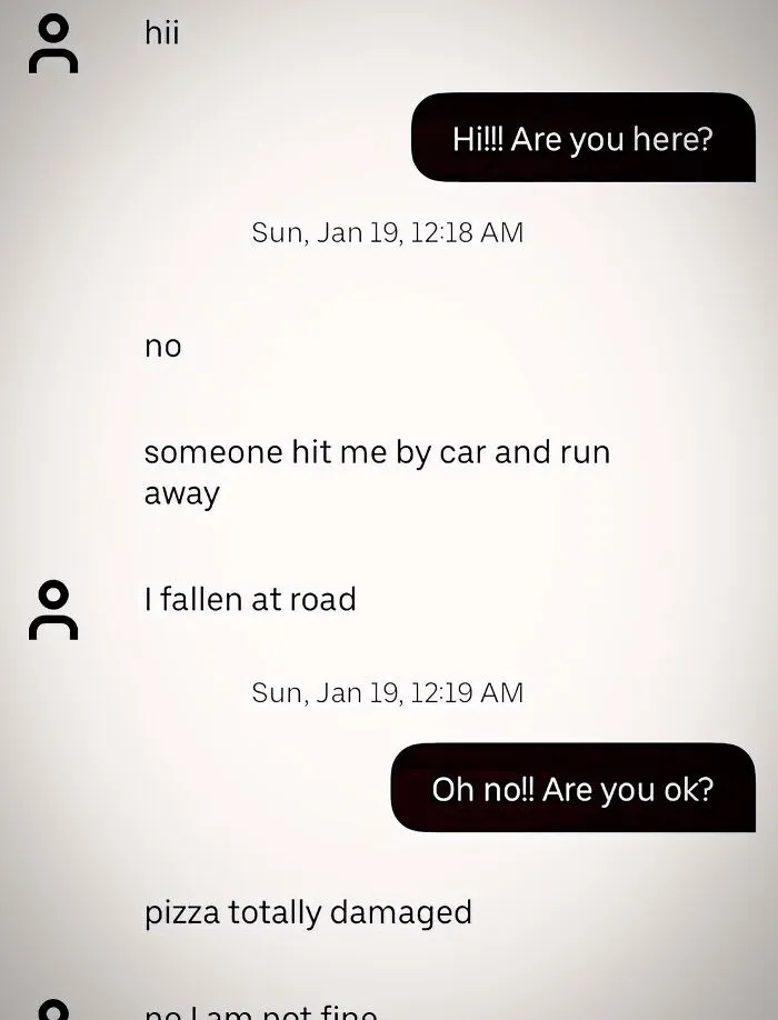 Text conversation meme about getting hit by a car while delivering a pizza