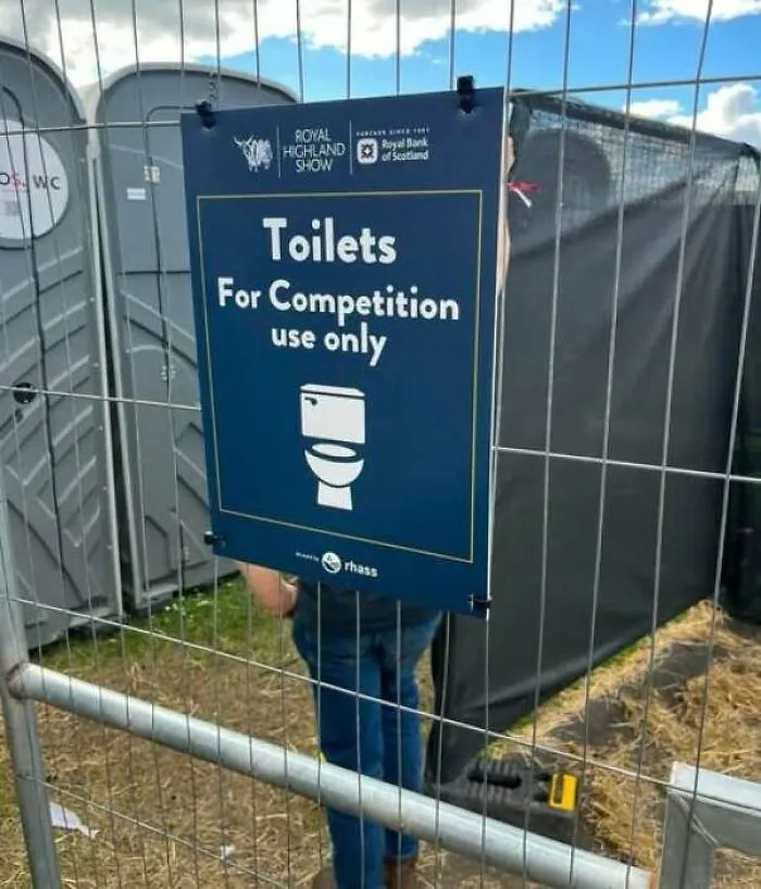 A portable toilet sign with funny wording featured in hilarious ads and signs