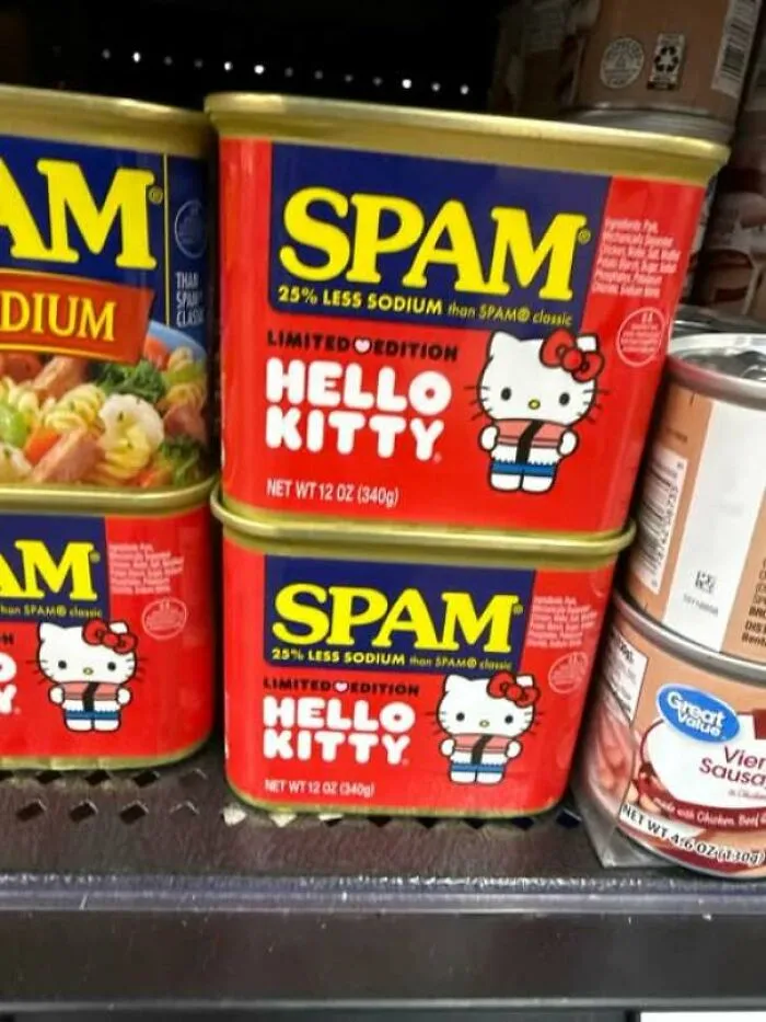 Hilarious ads on cans of Hello Kitty Spam on a store shelf