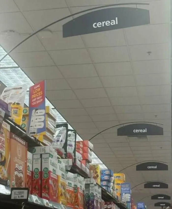 Funny store aisle sign repeated multiple times in a grocery store as hilarious signs missed the mark