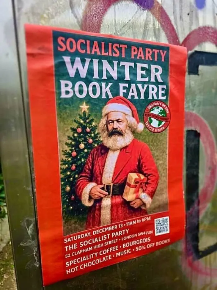 Hilarious poster for a Socialist Party Winter Book Fayre featuring Karl Marx as Santa