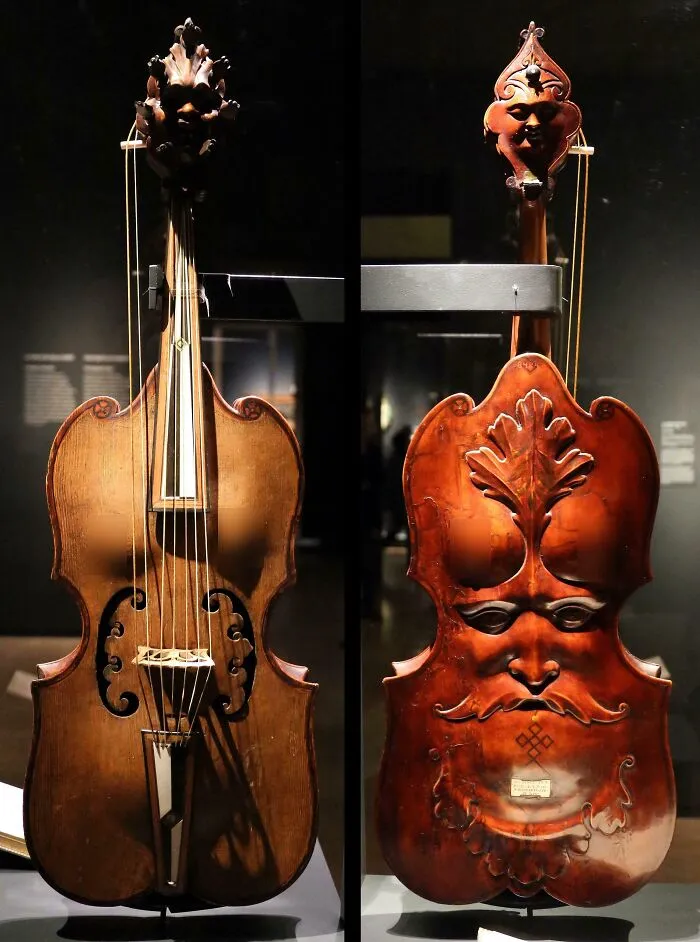 Front and back view of a uniquely carved antique string instrument, one of many interesting historical finds