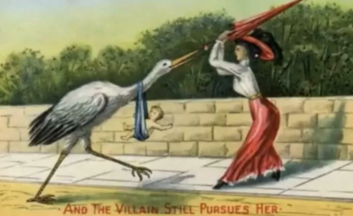Vintage illustration of a woman fending off a stork, among unique historical finds.