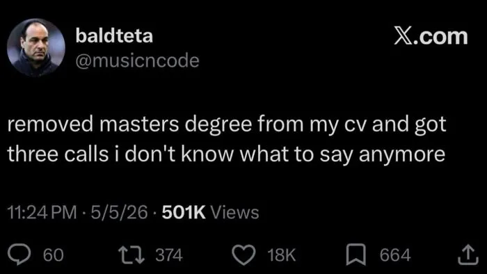 A post about removing a master degree from a CV to get interview callbacks, demonstrating recruiting fails.
