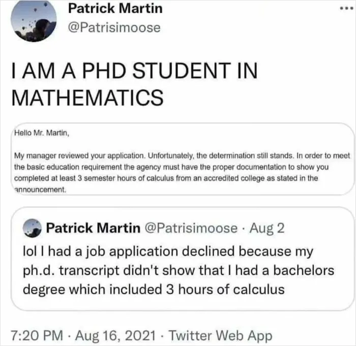 A social media post about recruiting fails showing a math PhD student rejected for lacking calculus credits.