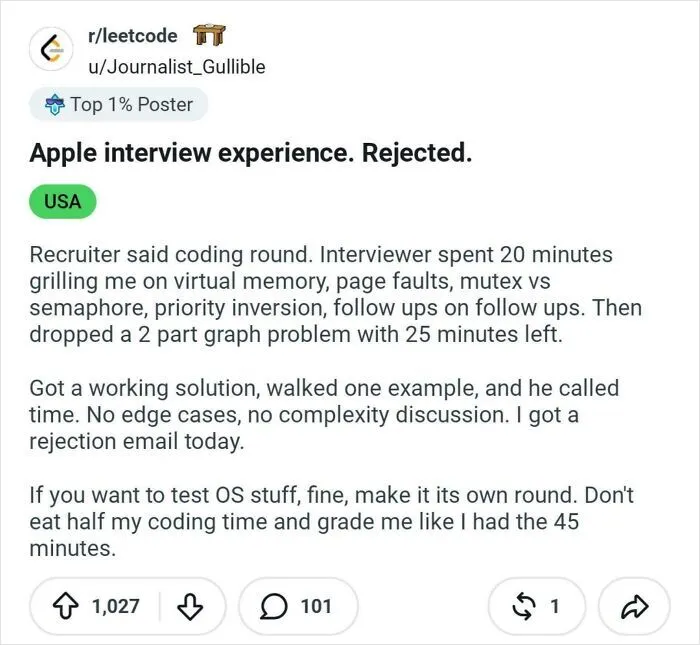 A Reddit post about an Apple job rejection sharing a recruiting fails funny pics scenario.