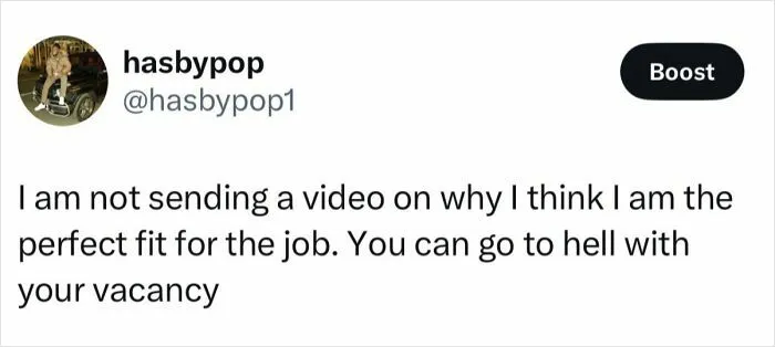 Social media post about video application requirements highlighting recruiting fails