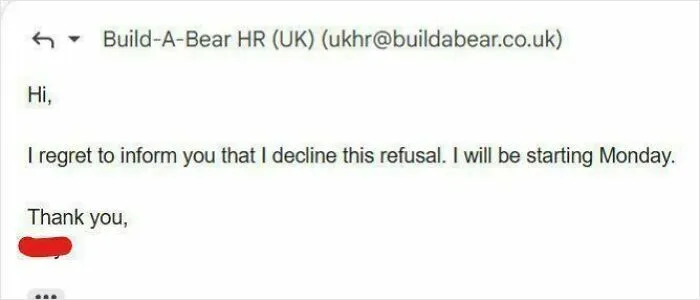 Funny email reply declining a job rejection email, showcased in recruiting fails funny pics.