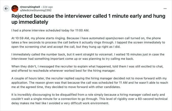 Reddit post screenshot illustrating recruiting fails funny pics as an interviewer hangs up one minute early.